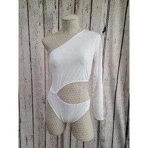 Nasty Gal Womens 6 White Long Sleeve One Shoulder Cut Out Bodysuit Top NEW NWT‎
